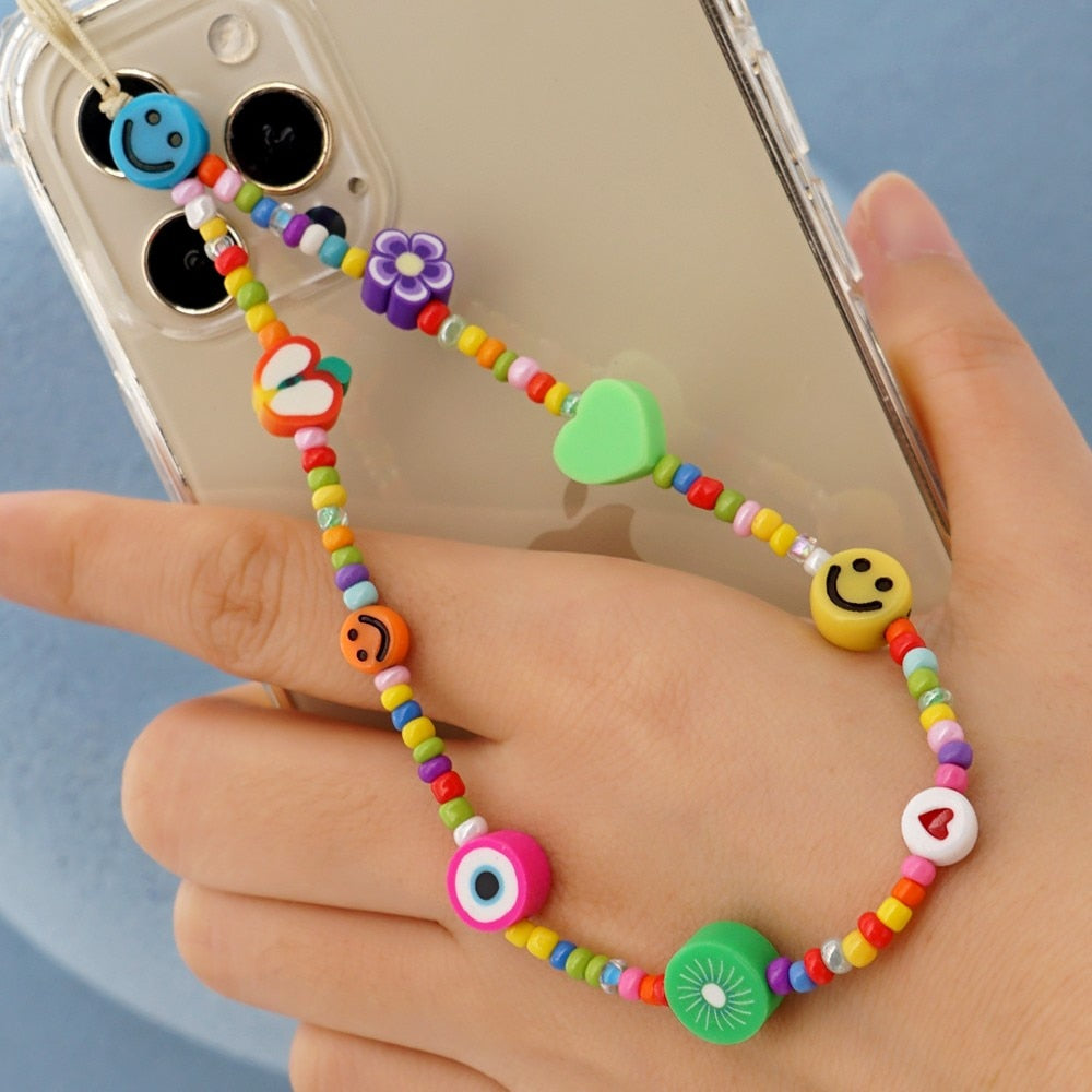 Shinus Heishi Disc Beads Crystal Chain For Phone Mobile Phone Lanyard Smile Cell Phone Chains 2021 LOVE Letter String Wristband alfamoba