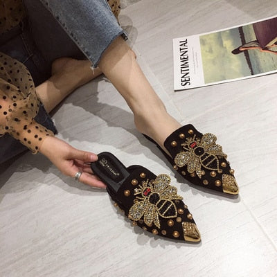 Pointed Rhinestone Rivet Flat Women Slippers 2021 Slip-On Mules Loafer Sandals Slides Beach Ladies Shoes Metal Bee Suede Females alfamoba