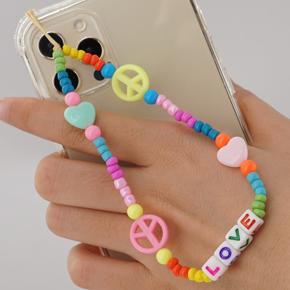 Shinus Heishi Disc Beads Crystal Chain For Phone Mobile Phone Lanyard Smile Cell Phone Chains 2021 LOVE Letter String Wristband alfamoba