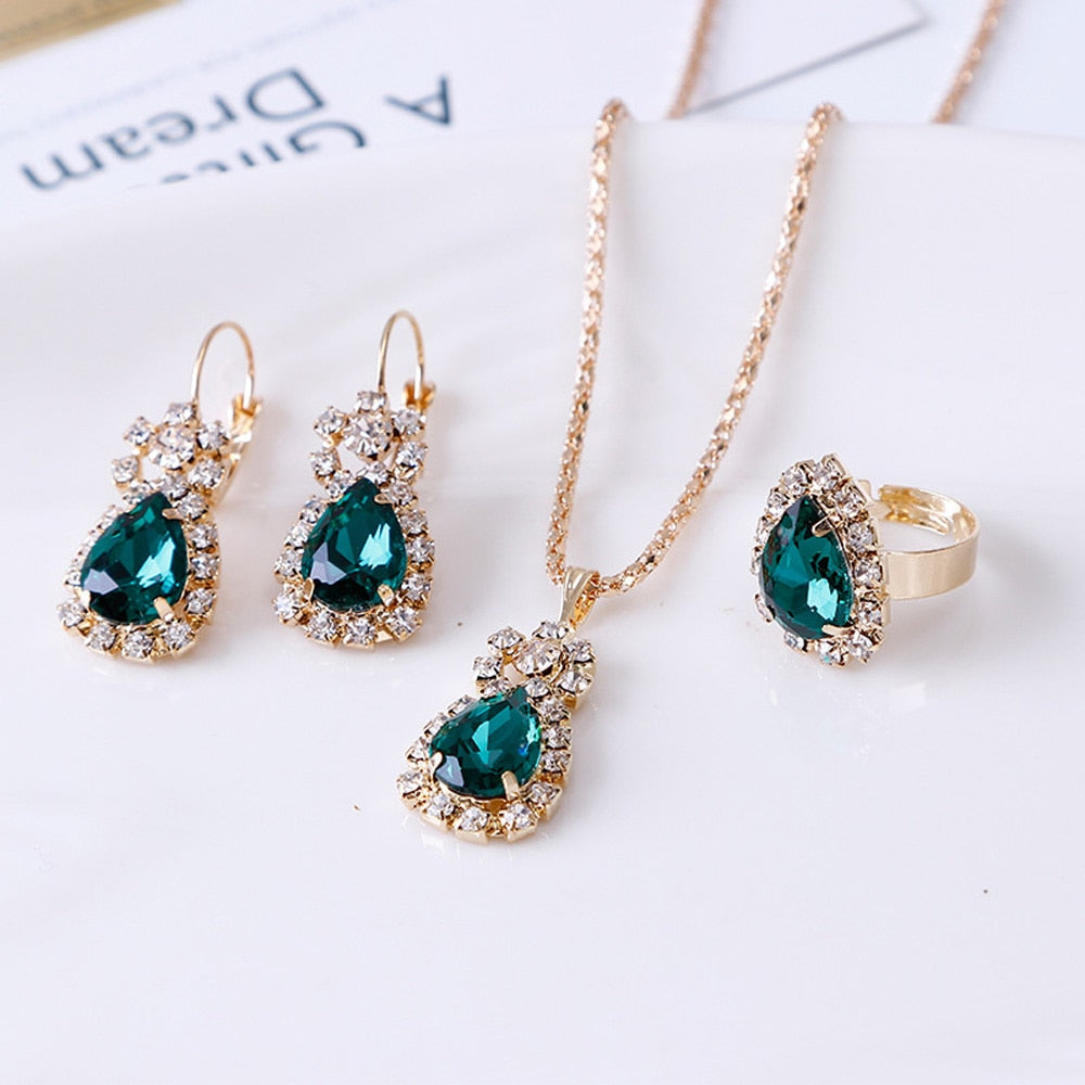 Luxury Water Drop Rhinestone Necklace Earrings Ring Set Shiny Fashion Elegant Women Bridal Jewelry Sets alfamoba