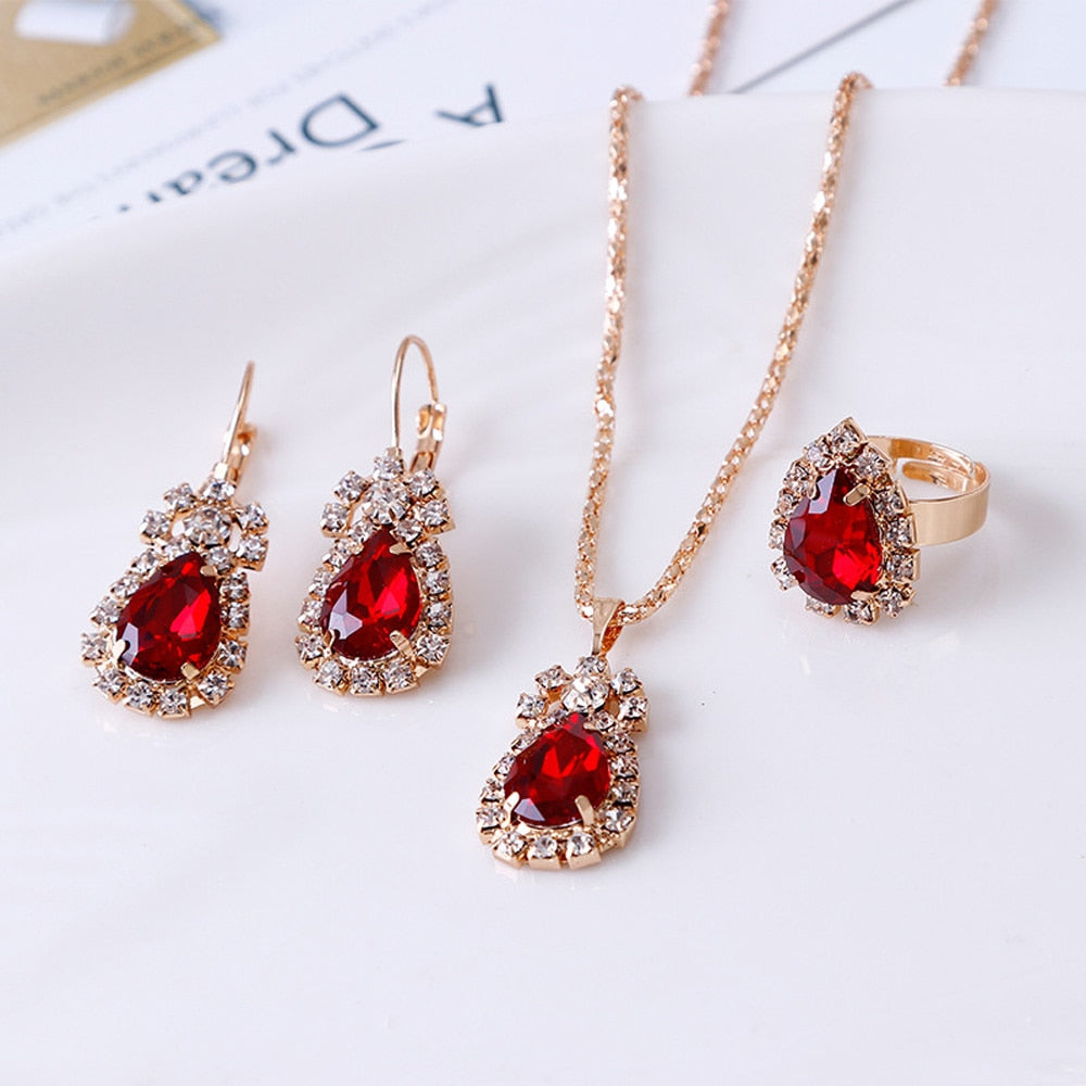 Luxury Water Drop Rhinestone Necklace Earrings Ring Set Shiny Fashion Elegant Women Bridal Jewelry Sets alfamoba