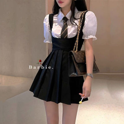 Women Dress Sets Preppy Style Slim High Street Girl Sweet Ins Puff Sleeve Shirts Pleated Dresses Student Harajuku Ulzzang JK Hot alfamoba