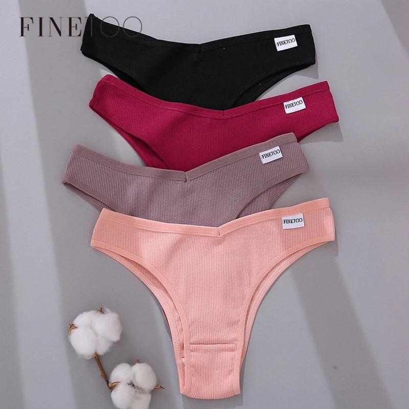 FINETOO Cotton Brazilian Panties Women Sexy V Waist G-String Underwear Female T-back Underpants M-XL Lady Bikini Panty 3Pcs/set alfamoba