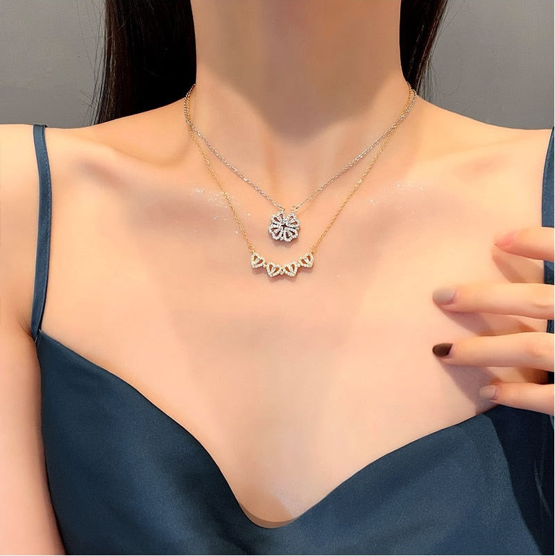 Creative Magnetic Folding Heart-Shaped Four-leaf Clover Necklace New Popular Design Jewelry Two Ways To Wear Unusual Party Gift alfamoba