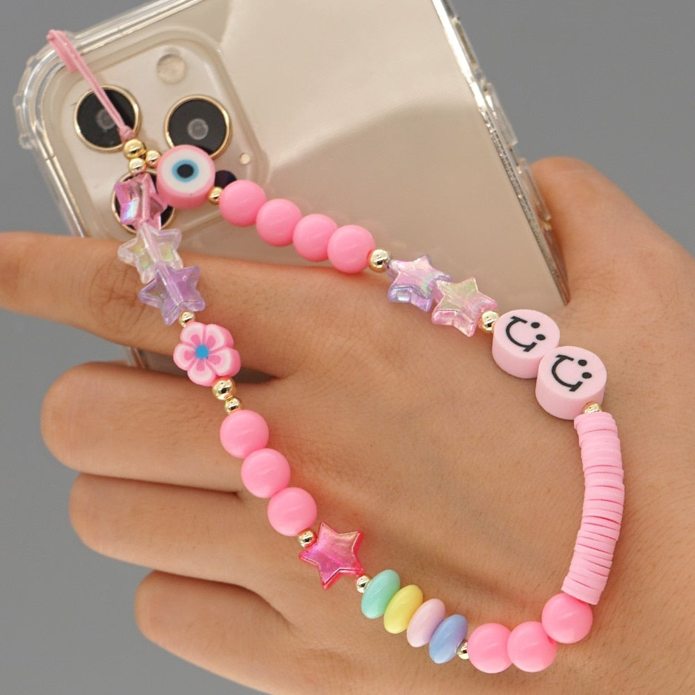 Shinus Heishi Disc Beads Crystal Chain For Phone Mobile Phone Lanyard Smile Cell Phone Chains 2021 LOVE Letter String Wristband alfamoba