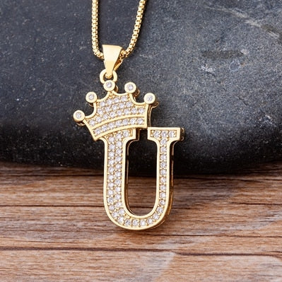 New Luxury Copper Zircon A-Z Crown Alphabet Pendant Chain Necklace Punk Hip-Hop Style Fashion Woman Man Initial Name Jewelry alfamoba