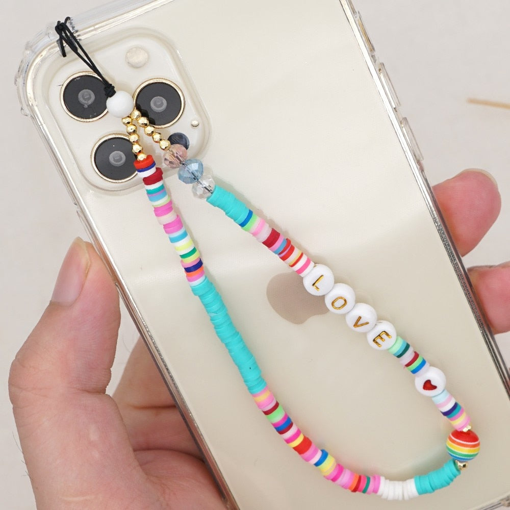 Shinus Heishi Disc Beads Crystal Chain For Phone Mobile Phone Lanyard Smile Cell Phone Chains 2021 LOVE Letter String Wristband alfamoba