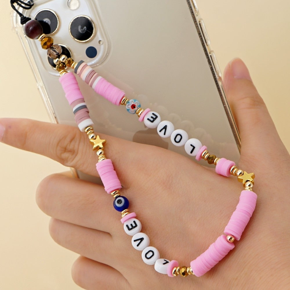 Shinus Heishi Disc Beads Crystal Chain For Phone Mobile Phone Lanyard Smile Cell Phone Chains 2021 LOVE Letter String Wristband alfamoba