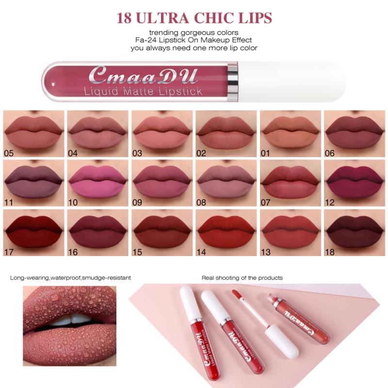 CmaaDu 18 Colors Long Lasting Lip Gloss Matte Velvet Liquid Lipstick Waterproof Moisturizing Lip Makeup Cosmetic TSLM1 alfamoba