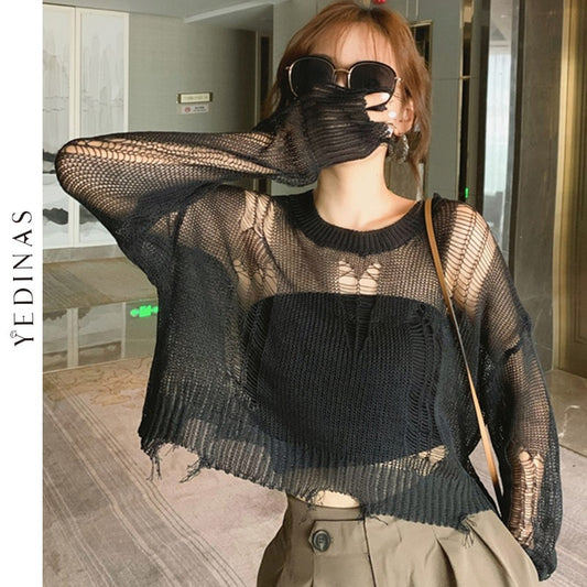 Yedinas Black Gothic Thin Women Pullover Loose Sweater 2021 Lady Hollow Out Hole Broken Streetwear Stretch Split Knit Short Top alfamoba