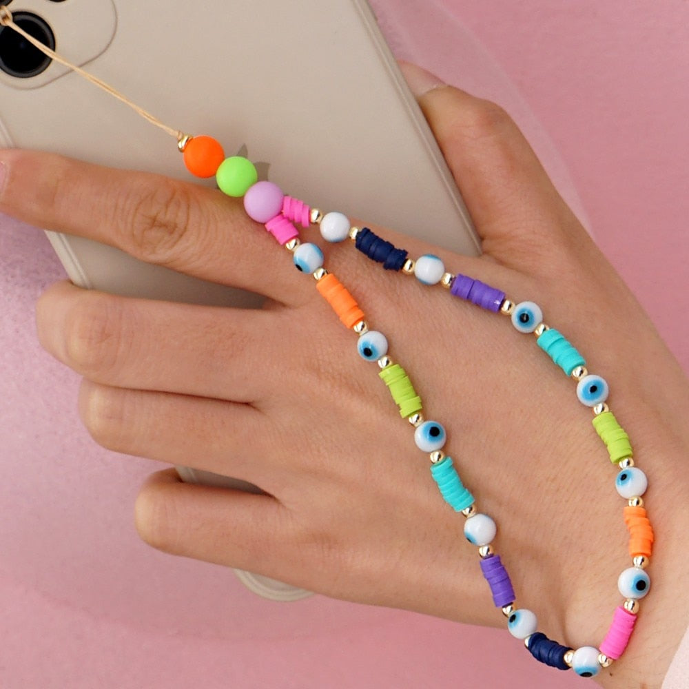 Shinus Heishi Disc Beads Crystal Chain For Phone Mobile Phone Lanyard Smile Cell Phone Chains 2021 LOVE Letter String Wristband alfamoba