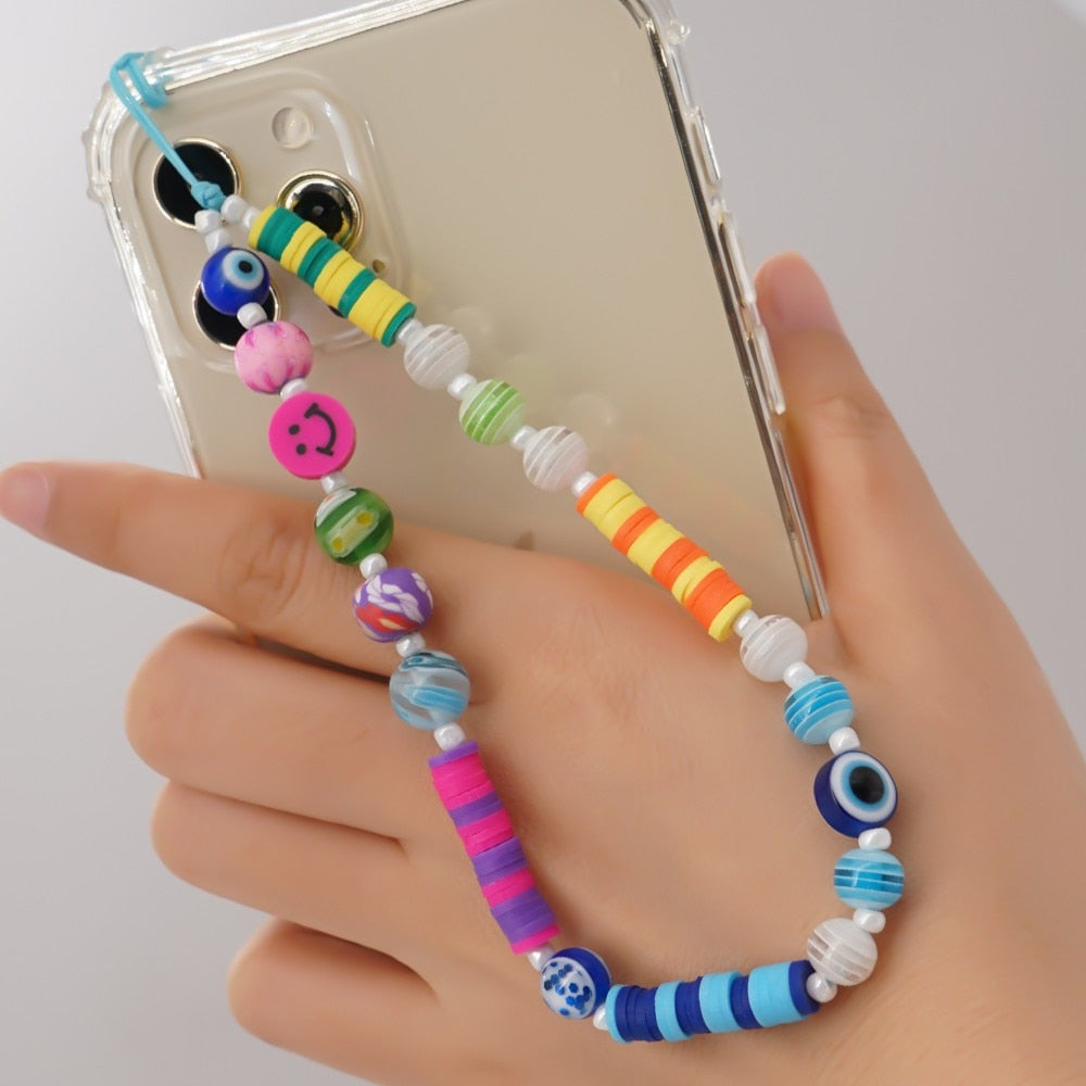 Shinus Heishi Disc Beads Crystal Chain For Phone Mobile Phone Lanyard Smile Cell Phone Chains 2021 LOVE Letter String Wristband alfamoba