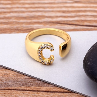 Fashion Chunky Wide Hollow A-Z Letter Gold Color Adjustable Opening Ring Initials Name Alphabet Female Party Wedding Jewelry alfamoba