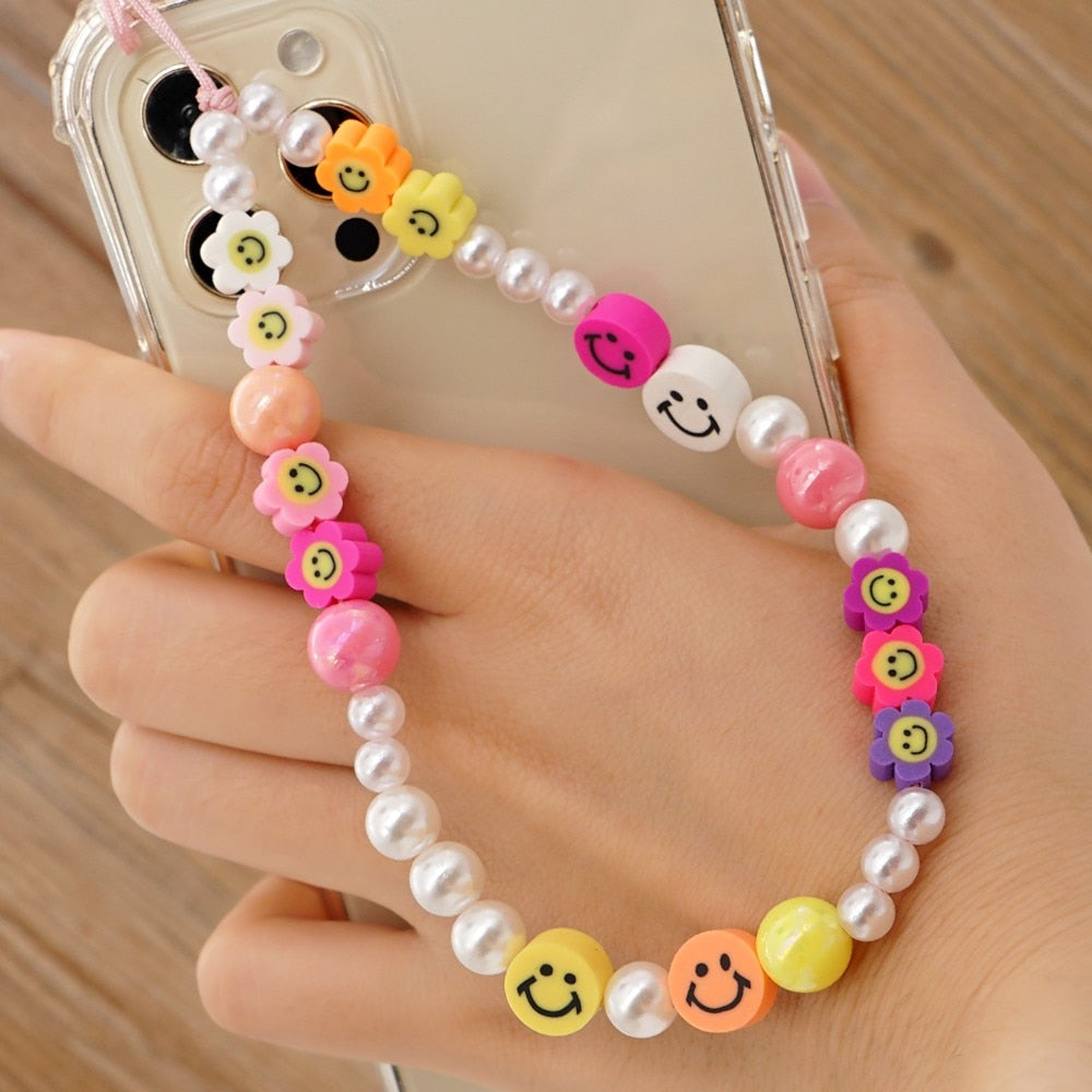 Shinus Heishi Disc Beads Crystal Chain For Phone Mobile Phone Lanyard Smile Cell Phone Chains 2021 LOVE Letter String Wristband alfamoba