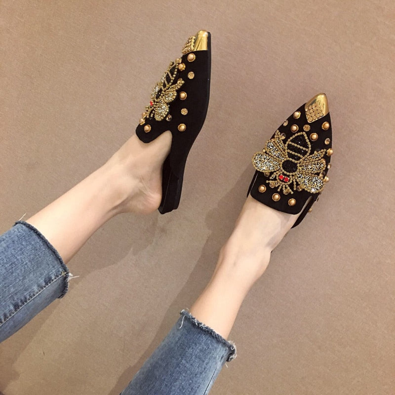 Pointed Rhinestone Rivet Flat Women Slippers 2021 Slip-On Mules Loafer Sandals Slides Beach Ladies Shoes Metal Bee Suede Females alfamoba