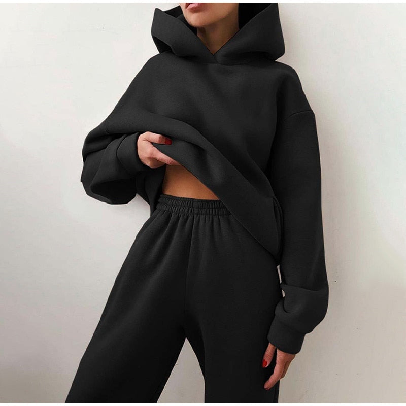 Women's Tracksuit Casual Solid Long Sleeve Hooded Sport Suits Autumn Warm Hoodie Sweatshirts and Long Pant Fleece Two Piece Sets alfamoba