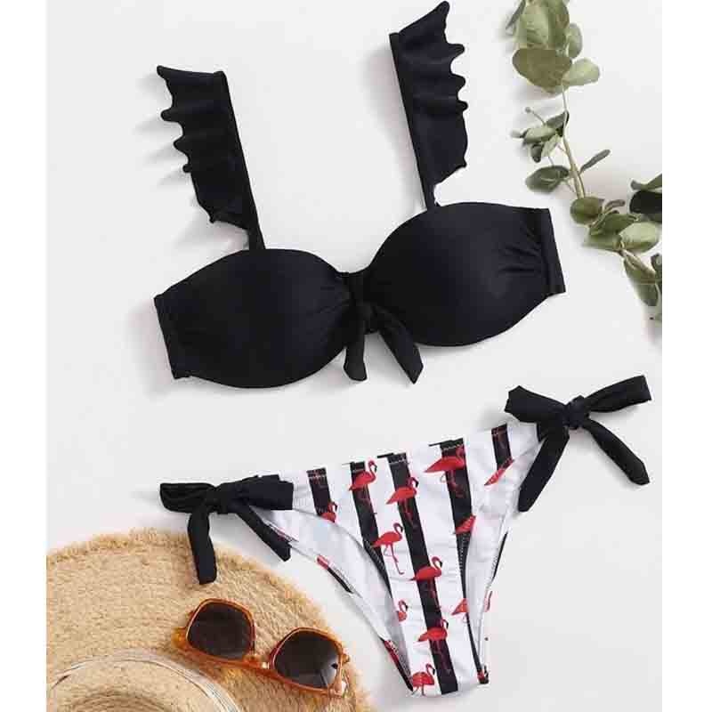 Striped Lace Ruffle Push Up Women Bandeau Swimsuit Female Swimwear Bra Cup Bikini set High Cut Bathing Suit F72 alfamoba