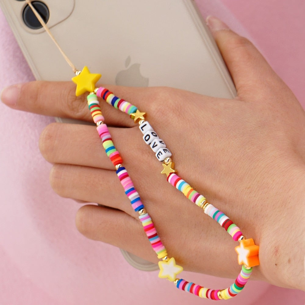 Shinus Heishi Disc Beads Crystal Chain For Phone Mobile Phone Lanyard Smile Cell Phone Chains 2021 LOVE Letter String Wristband alfamoba