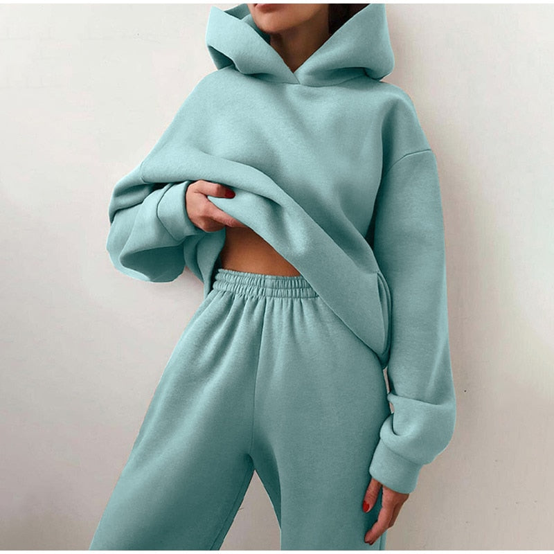 Women's Tracksuit Casual Solid Long Sleeve Hooded Sport Suits Autumn Warm Hoodie Sweatshirts and Long Pant Fleece Two Piece Sets alfamoba