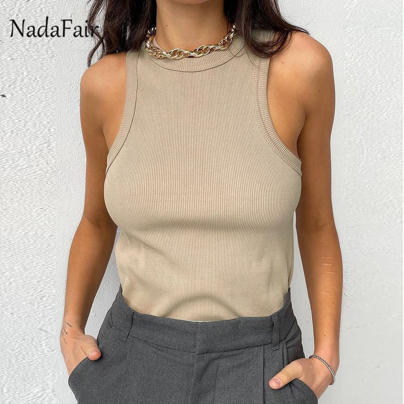 Nadafair Ribber Knitted Tops Femme O Neck Summer Basic Shirts White Black Casual Sport Vest Off Shoulder Green Women's Tank Top alfamoba