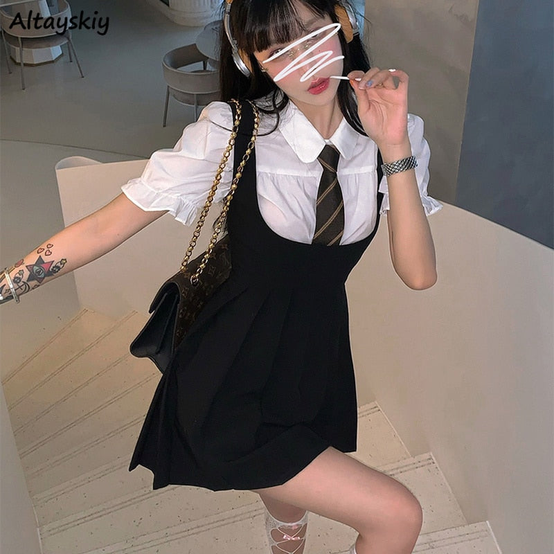 Women Dress Sets Preppy Style Slim High Street Girl Sweet Ins Puff Sleeve Shirts Pleated Dresses Student Harajuku Ulzzang JK Hot alfamoba