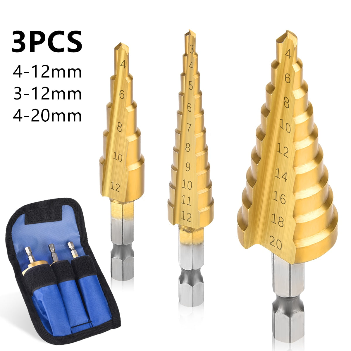 3Pcs/set 3-12mm 4-12mm 4-20mm HSS Straight Groove Step Drill Bit Titanium Coated Wood Metal Hole Cutter Core Drilling Tools Set alfamoba