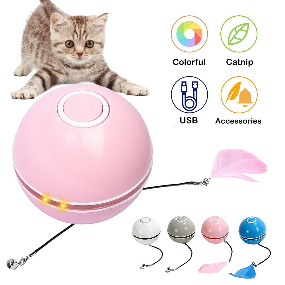 Smart Interactive Cat Toy Colorful LED Self Rotating Ball With Catnip Bell and Feather Toys USB Rechargeable Cat Kitten Ball Toy alfamoba