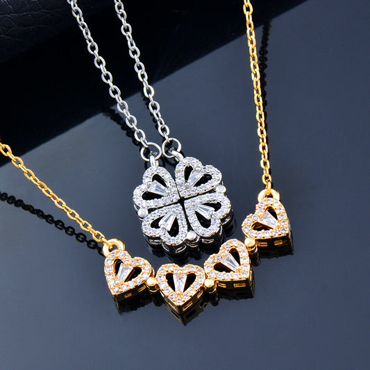 Creative Magnetic Folding Heart-Shaped Four-leaf Clover Necklace New Popular Design Jewelry Two Ways To Wear Unusual Party Gift alfamoba