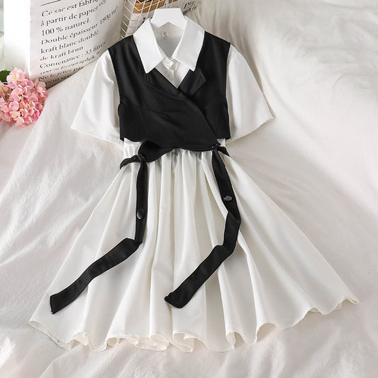 Vintage Gothic Lolita Dress Women Harajuku Black Bandage White Mini Dress Summer Plus Size Short Sleeve High Waist Party Vestido alfamoba