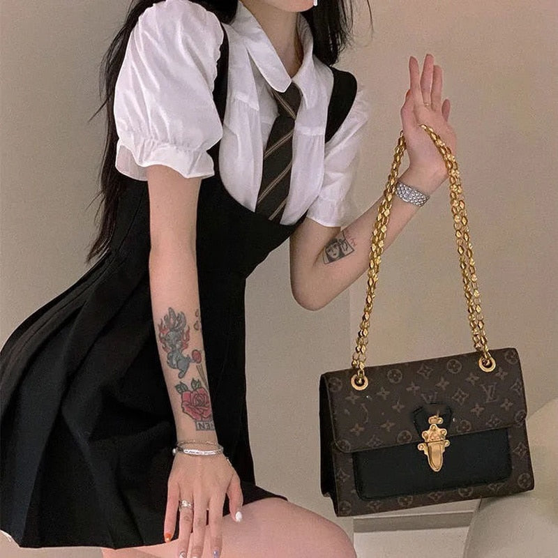 Women Dress Sets Preppy Style Slim High Street Girl Sweet Ins Puff Sleeve Shirts Pleated Dresses Student Harajuku Ulzzang JK Hot alfamoba