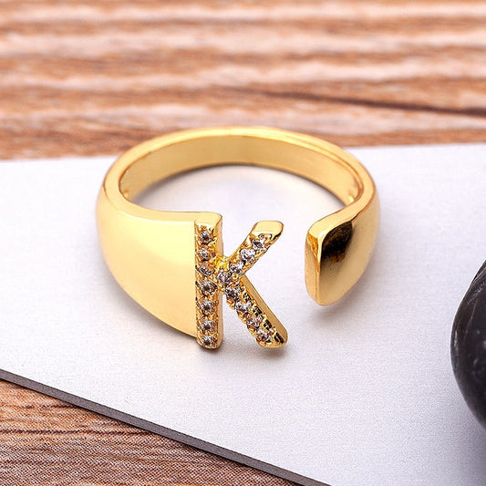 Fashion Chunky Wide Hollow A-Z Letter Gold Color Adjustable Opening Ring Initials Name Alphabet Female Party Wedding Jewelry alfamoba