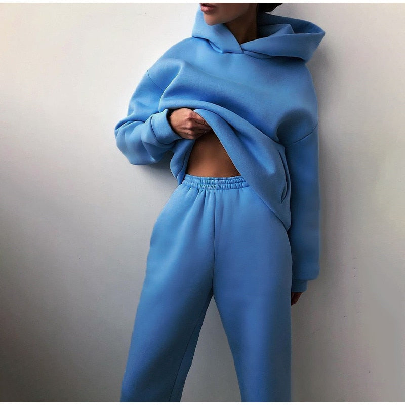 Women's Tracksuit Casual Solid Long Sleeve Hooded Sport Suits Autumn Warm Hoodie Sweatshirts and Long Pant Fleece Two Piece Sets alfamoba