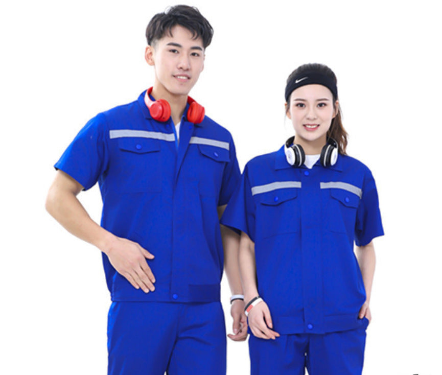 Summer short-sleeved overalls suit men's and women's auto repair clothing factory workshop reflective strip worker auto repair top labor insurance clothing alfamoba