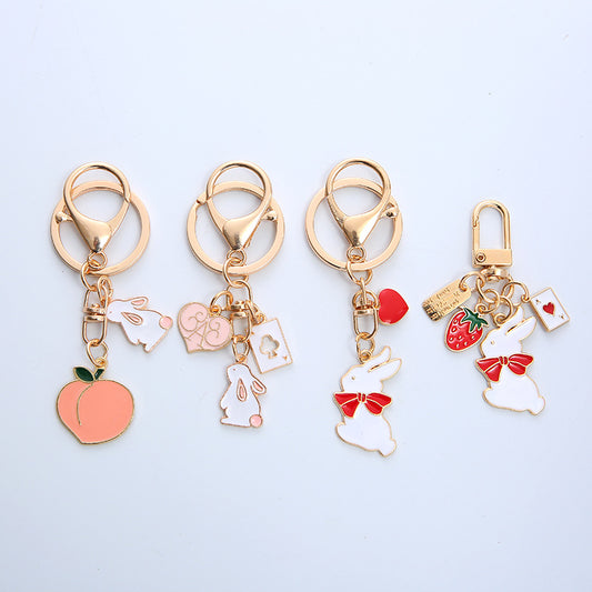 Cute girl heart rabbit peach keychain cartoon strawberry peach love car key chain bag pendant alfamoba