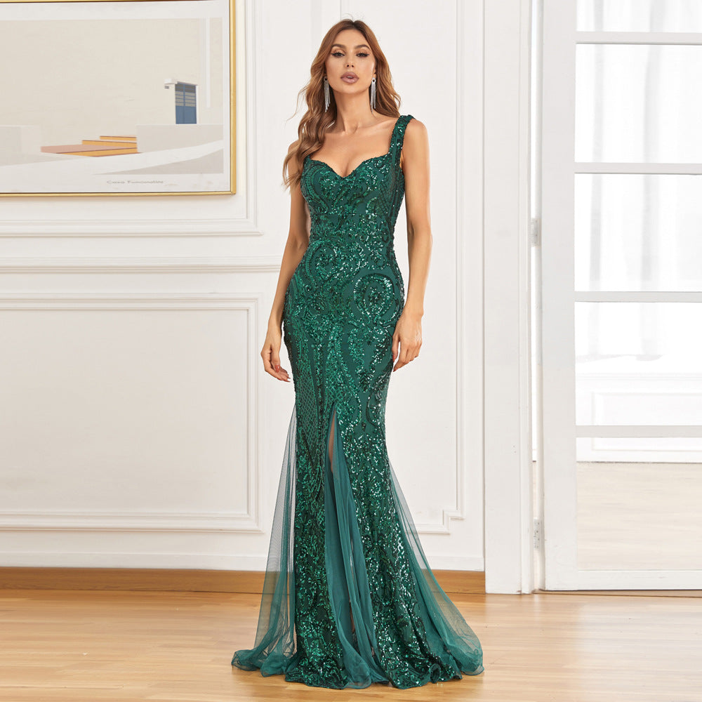 Foreign trade dress new green fishtail long summer dress sequins suspender evening dress banquet alfamoba