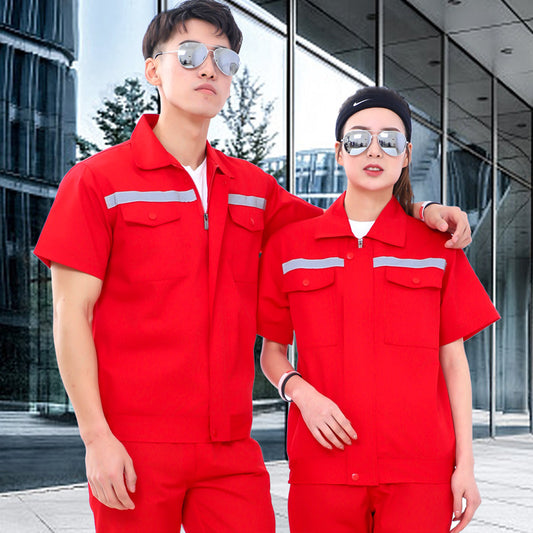 Summer short-sleeved overalls suit men's and women's auto repair clothing factory workshop reflective strip worker auto repair top labor insurance clothing alfamoba