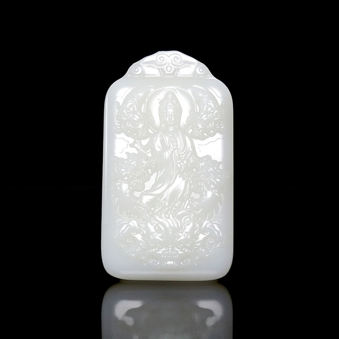 Natural Hetian jade white jade watching the world pendant men and women Yulong Guanyin Bodhisattva jade men's peaceless alfamoba