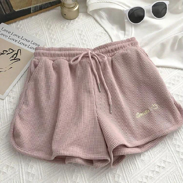 Shorts Women's Sports Fashion Waffle Pink Summer Student Thin Section Loose Wide Legs Casual High Waist Hot Pants alfamoba