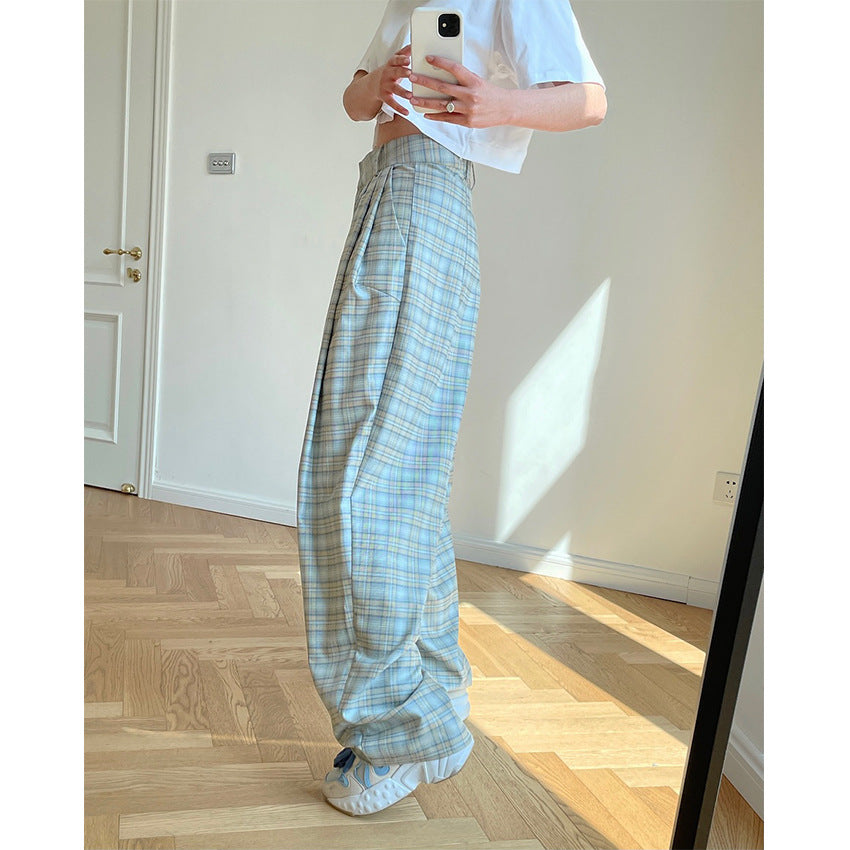 Spring and summer new European and American retro trendy grille high waist wide pants loose vertical cool radish trousers trousers women alfamoba