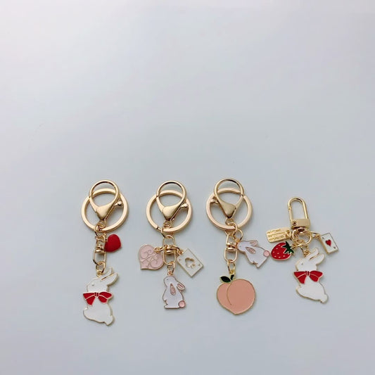 Cute girl heart rabbit peach keychain cartoon strawberry peach love car key chain bag pendant alfamoba