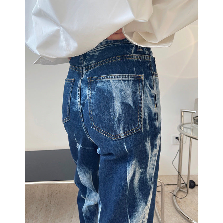 Spring new European and American trendy street wind-dyed deep blue high waist straight jeans loose thin trousers women alfamoba