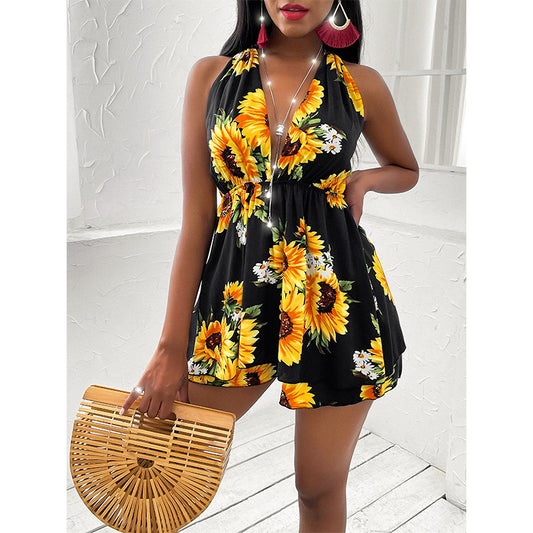 2021 summer foreign trade new style eBay Amazon Europe and America cross-border women's sunflower V-neck open back casual dress alfamoba