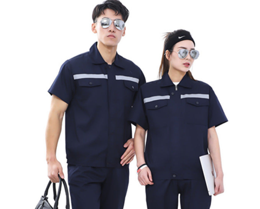 Summer short-sleeved overalls suit men's and women's auto repair clothing factory workshop reflective strip worker auto repair top labor insurance clothing alfamoba