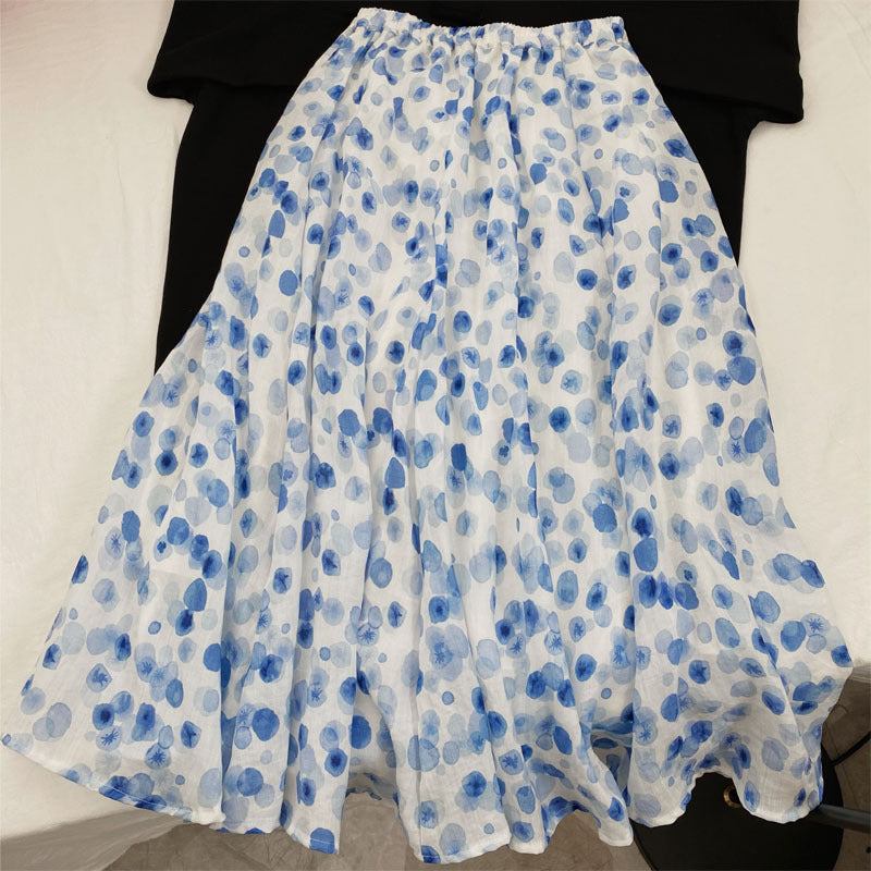 Watercolor ice blue halo printing bachelor A word long section skirt 2021 summer new skirt alfamoba