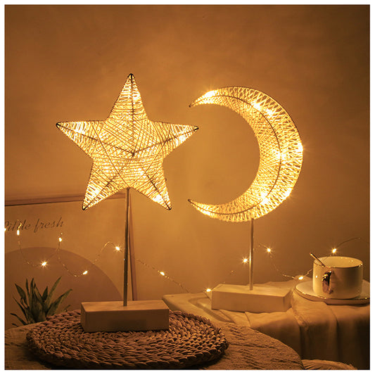 LED rattan weave small night light, star moon shaped desk lamp, romantic room decoration, hollow out rattan weave star moon small night light alfamoba