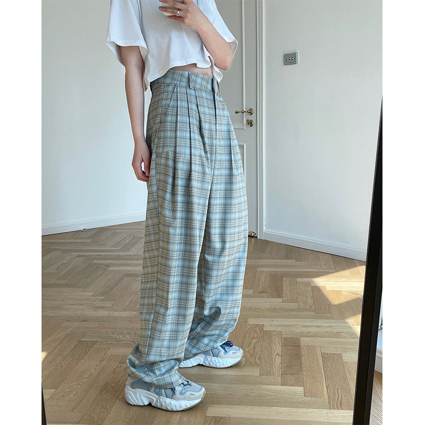 Spring and summer new European and American retro trendy grille high waist wide pants loose vertical cool radish trousers trousers women alfamoba