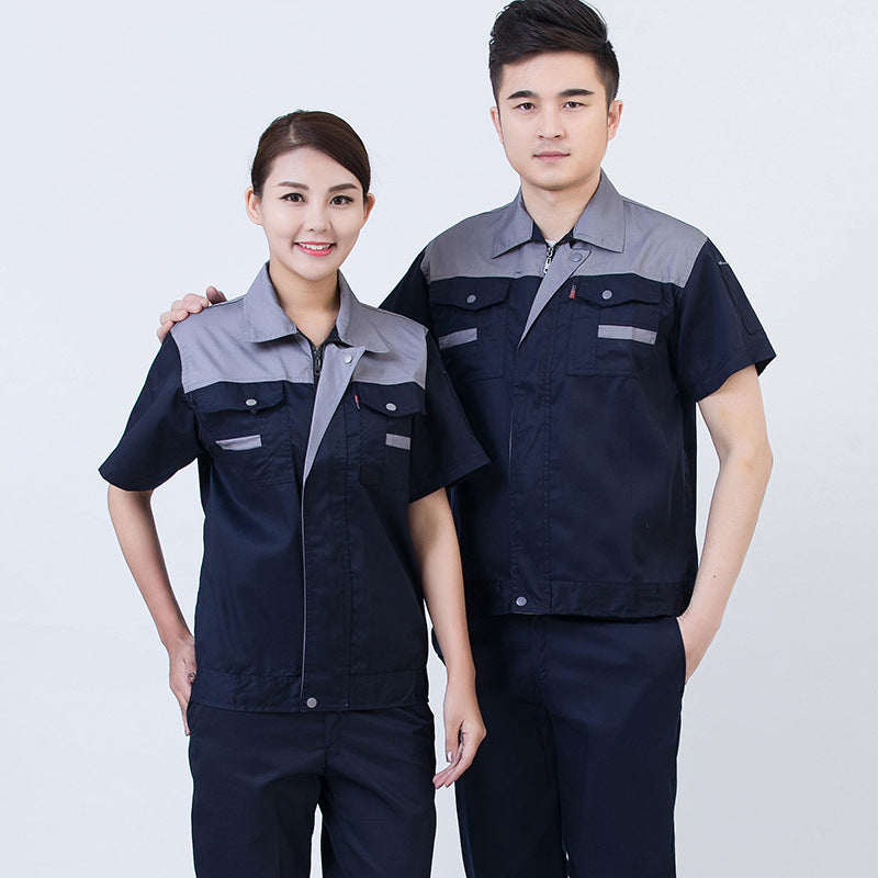 Summer short-sleeved overalls suit men's and women's auto repair clothing factory workshop reflective strip worker auto repair top labor insurance clothing alfamoba