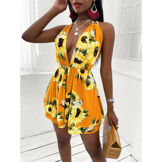 2021 summer foreign trade new style eBay Amazon Europe and America cross-border women's sunflower V-neck open back casual dress alfamoba