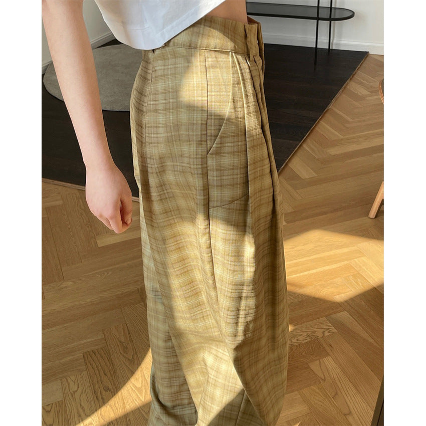 Spring and summer new European and American retro trendy grille high waist wide pants loose vertical cool radish trousers trousers women alfamoba