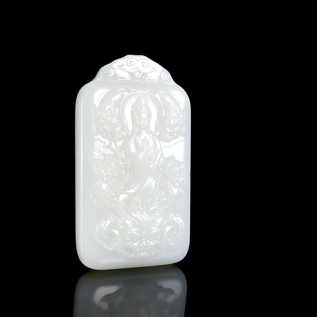 Natural Hetian jade white jade watching the world pendant men and women Yulong Guanyin Bodhisattva jade men's peaceless alfamoba